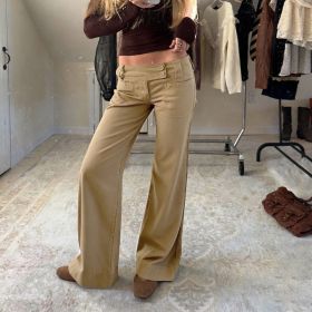 Fashionable Low-rise, Figure-flattering, Spicy-girl-style Flared Trousers (Option: Khaki-S)