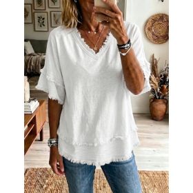 Casual Women's Shirt V-Neck Short Sleeve Loose Fit Pure Color Summer Fashion Trend Pullover Tops For Daily Wear (Option: White-S)