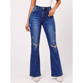 High Waist Ripped Flare Jeans Women Medium Blue Washed Distressed Stretch Denim Bell Bottom Pants Casual Vintage Long Trousers (Option: Blue-S)