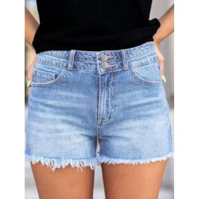Light Wash Double Button High Waist Denim Shorts Women Raw Hem Fringe Casual Frayed Hem Jean Shorts With Pockets (Option: Blue-S)