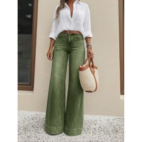Vintage Washed Green High Waist Wide Leg Jeans Women Loose Floor-Length Denim Pants Casual Relax Fit Pocket Retro Denim Trousers (Option: Green-S)
