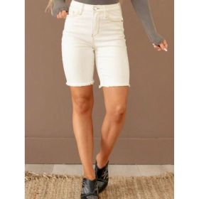 Women High Waist Frayed Hem Bermuda Denim Shorts, White Stretch Knee Length Jean Shorts With Pockets (Option: White-S)