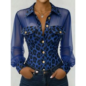 Leopard-print Patchwork Mesh Blouse With Pockets And Buttons (Option: Blue-S)