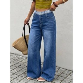 Women Contrast Waistband High Waist Denim Jeans Medium Blue Loose Wide Leg Soft Washed Casual Daily Long Trousers (Option: Blue-S)