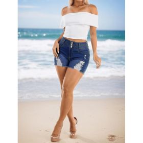 Three Button High Waist Ripped Denim Shorts Women Dark Blue Frayed Hem Distressed Stretch Casual Jean Hot Shorts (Option: Blue-S)