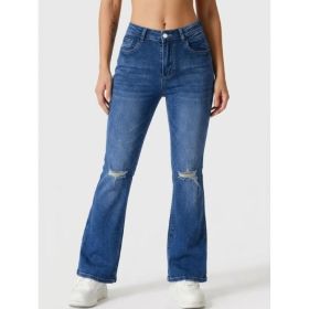 Women High Waist Knee Ripped Washed Flare Denim Jeans Stretch Slim Floor-Length Pants For American Retro Street Style Outfits (Option: Blue-S)