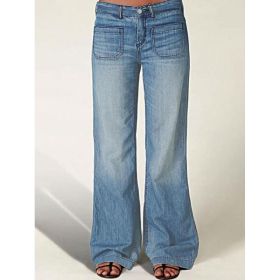 Vintage Light Blue Mid Rise Flare Denim Jeans Ladies Square Patch Pocket Washed Casual Street Wide Leg Jeans (Option: Blue-S)