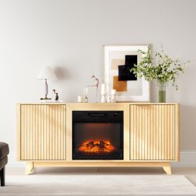 Oak Fireplace TV Stand with 18 Inch Insert, Double Grid Doors & Gold Handles, Embossed Board Media Console 58 x 13.6 x 25.4 Inch (Option: defaulttitle)