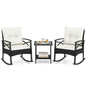 3 Pieces Outdoor Rattan Rocking Chairs Set with  2-Tier Side Table for Garden Backyard (Color: White)