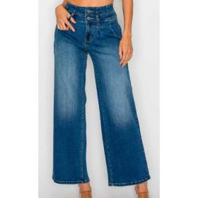 Women's Medium Blue Elastic Waist Jeans - Wide Leg Casual Denim (Option: 1)