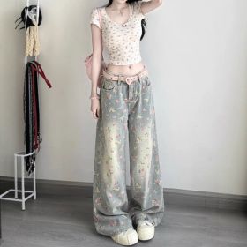 Womens Retro Floral High-Waist Wide-Leg Denim Jeans (Option: Floral-XS)