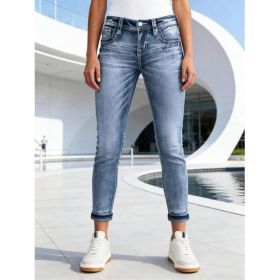 Women Washed Faded Cuffed Ankle Skinny Denim Jeans Slim Fit Pants For Outdoor Travel Daily Casual Street Outfits (Option: Blue-S)