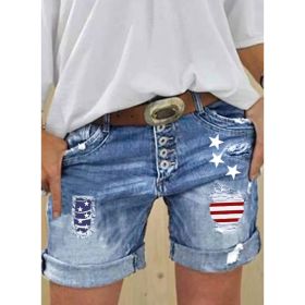 Figure-flattering Slimming Ripped Patchwork-print Stretch Denim Shorts (Option: Printing-S)