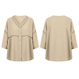 Cotton Linen Lace Trimmed Solid Color Cardigan Top (Option: Beige-S)
