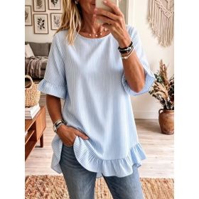 Womens Striped Loose-fit Casual Ruffled-edge Blouse (Option: Sky Blue-S)