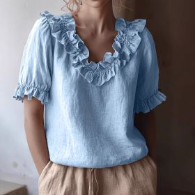 Women's Solid-Color Fashionable Casual Ruffle-Trimmed Crew-Neck Shirt (Option: Light Blue-S)