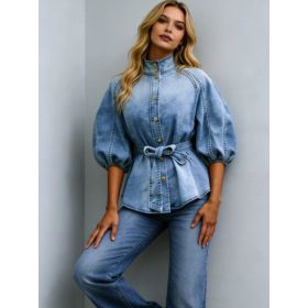 New Women's Retro Washed Lantern Short-sleeved Stand Collar Single-breasted Shirt, Fitted Waist And Belted Denim Top, Suitable For Everyday Wear. (Option: S)
