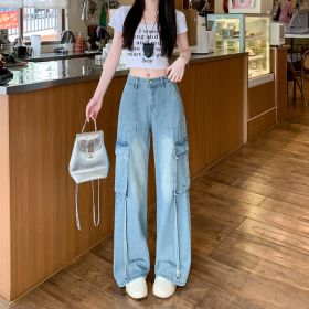 Figure-flattering Straight-leg Floor-length Pants With Large Pocketsversatile And Easy To Style (Option: Blue-S)