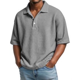 Men's Summer Basic Style Waffle Pattern Button Collar POLO Shirt Short Sleeve New Top (Option: Gray-S)