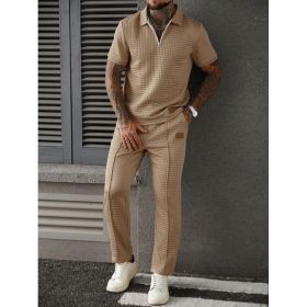 Casual Zip-Up Polo Shirt Top And Pants Two-Piece Set (Option: Khaki-S)