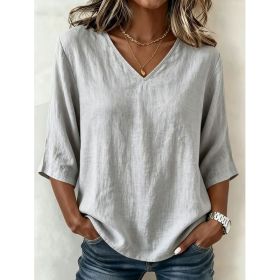Womens Solid-color Casual Loose-fitting Fashionable V-neck Top (Option: Gray-S)