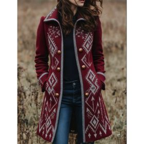 Geometric Print Casual Mid-length Wool Coat (Option: Wine Red-M)
