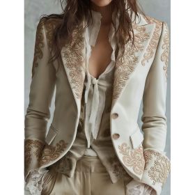 Velvet Pocket Suit With Printed Lapel And Flared Sleeves, Long-sleeved Blazer. (Option: White-S)