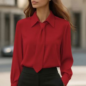 Womens Solid-Color Casual Tie Long-Sleeve French-Collar Shirt (Option: Wine Red-S)